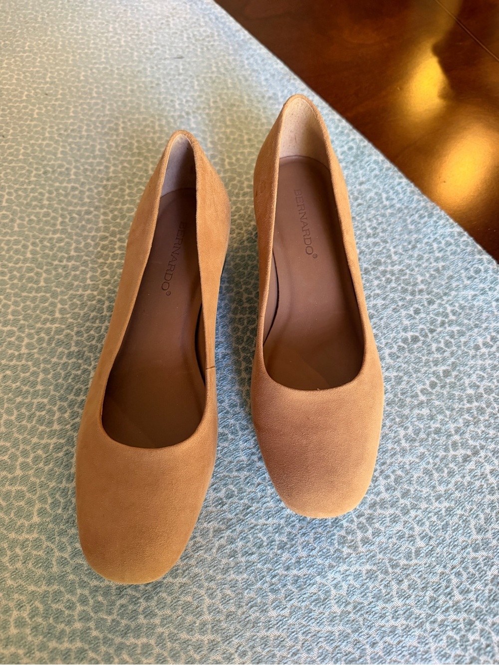 Bernardo Tan Suede Square-Toe Ballet Flats
